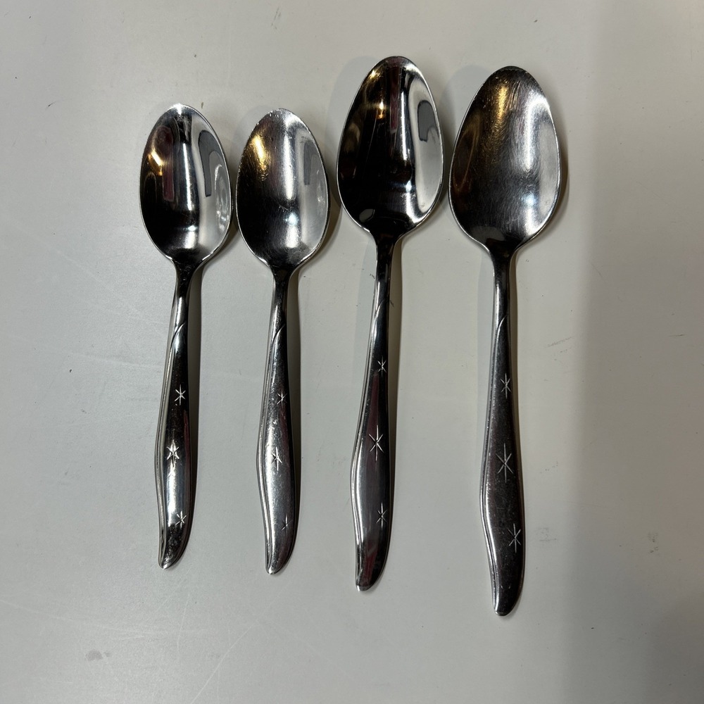 4 Vintage Spoons Mar-crest "Citation" Stainless Tea Table‎ USA Atomic Starburst
